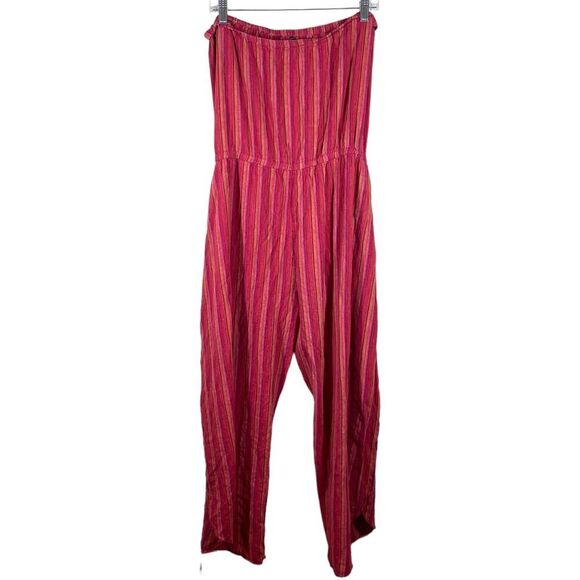 Anthropologie Drew Emerson Strapless Jumpsuit Striped Side Slits Linen Red Sz L - Picture 2 of 11